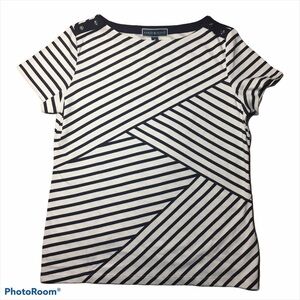 Karen Scott Boatneck Diagonal Stripes Naval Short Sleeve Top White Navy Medium